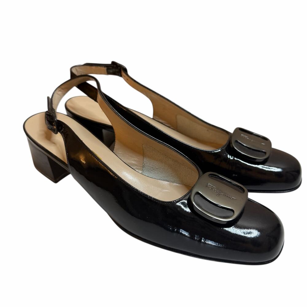 Salvatore Ferragamo Debby Nero Black Patent Leather Slingback Heels Size 7 AA